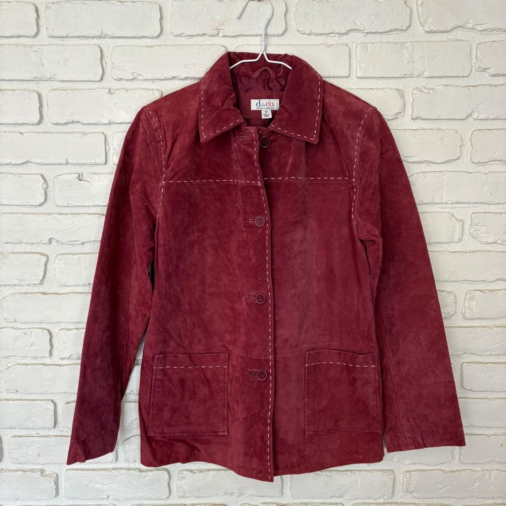 Vintage d. & co. Red Suede Leather Jacket Contrast Button Front Coat Y2k - Picture 2 of 6
